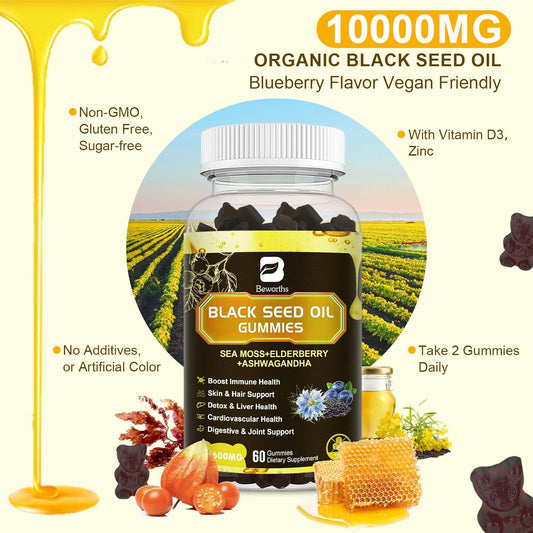 Black Seed Oil & Sea Moss Gummies, Organic Irish Sea Moss Gummies With Ashwagandha, Black Seed Oil, Elderberry, Turmeric, Vitamin D3/C And Zinc - Immune Support, Joints, Digestion, Hair & Skin