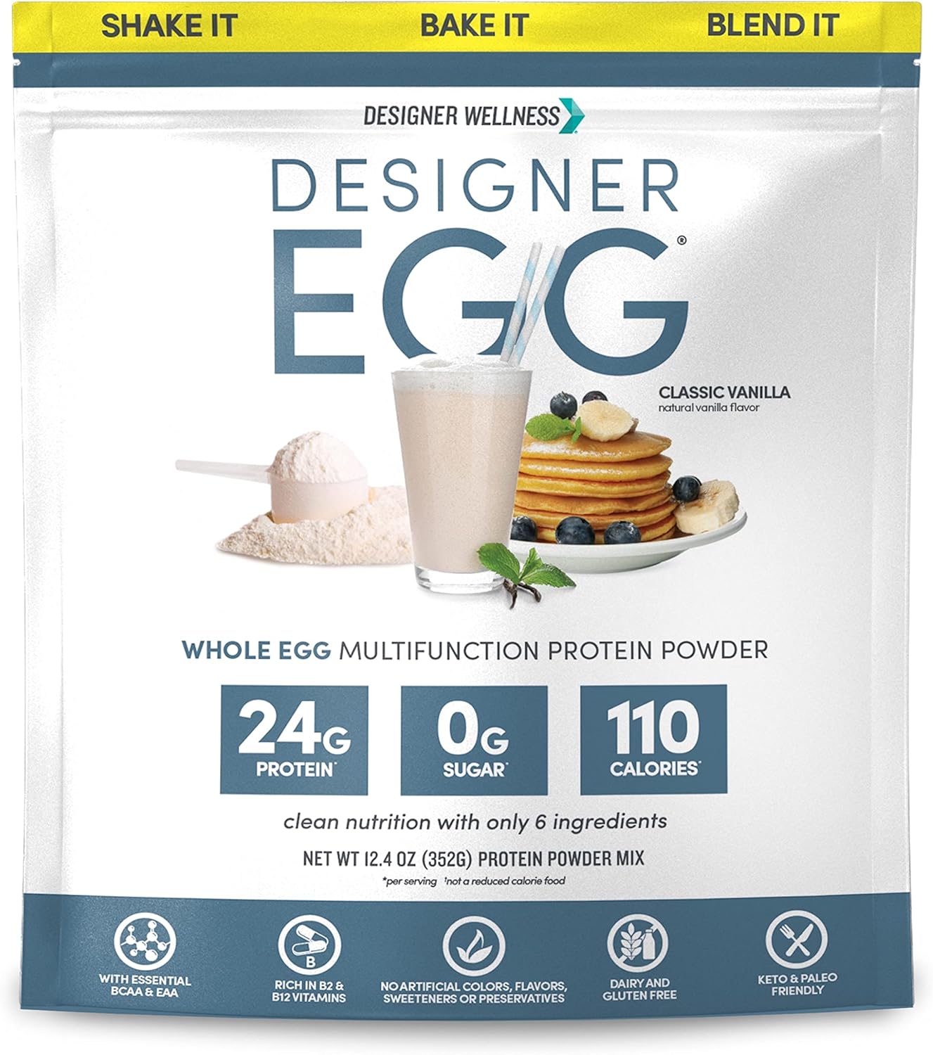 Designer Wellness, Designer Egg, Natural Egg Yolk & Egg White Protein Powder, Keto and Paleo Friendly, Low Calorie, Less Fat and Cholesterol, Classic Vanilla, 12.4 Ounce