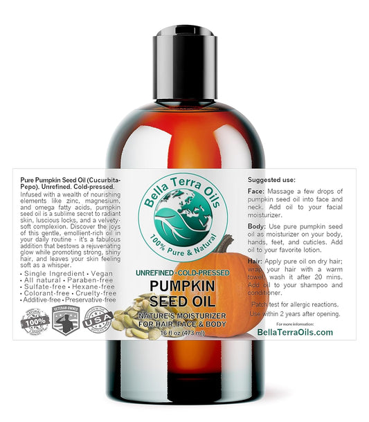 Bella Terra Oils - Organic Pumpkin Seed Oil 16 oz - Cold-Pressed Majesty, Unveiling Rich Folate, Tryptophan & B-Vitamins, Impeccable Elixir for Skin's Vitality