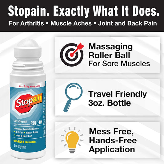Stopain Pain Relief Roll On Gel 3oz (2 Pack) USA Made, Max Strength Fast Acting with MSM, Glucosamine, Menthol for Arthritis, Lower Back, Knee, Neck, HSA FSA Approved Topical Analgesic Products