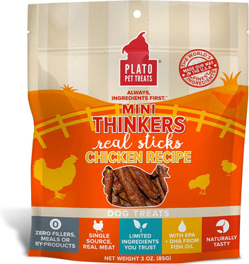 Plato Mini Thinkers Sticks - Natural Dog Treats - Real Meat - Air Dried - Made In The Usa, Chicken Flavor, 3 Ounces