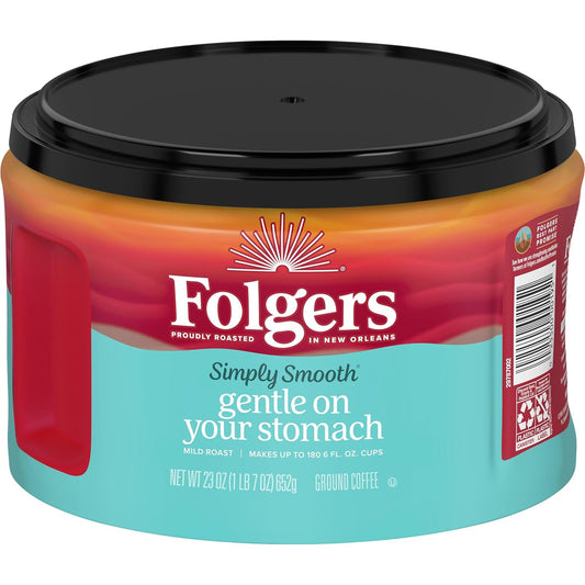Folgers Simply Smooth Mild Roast Ground Coffee, 23 Ounce (Pack of 6), Gentle on Your Stomach