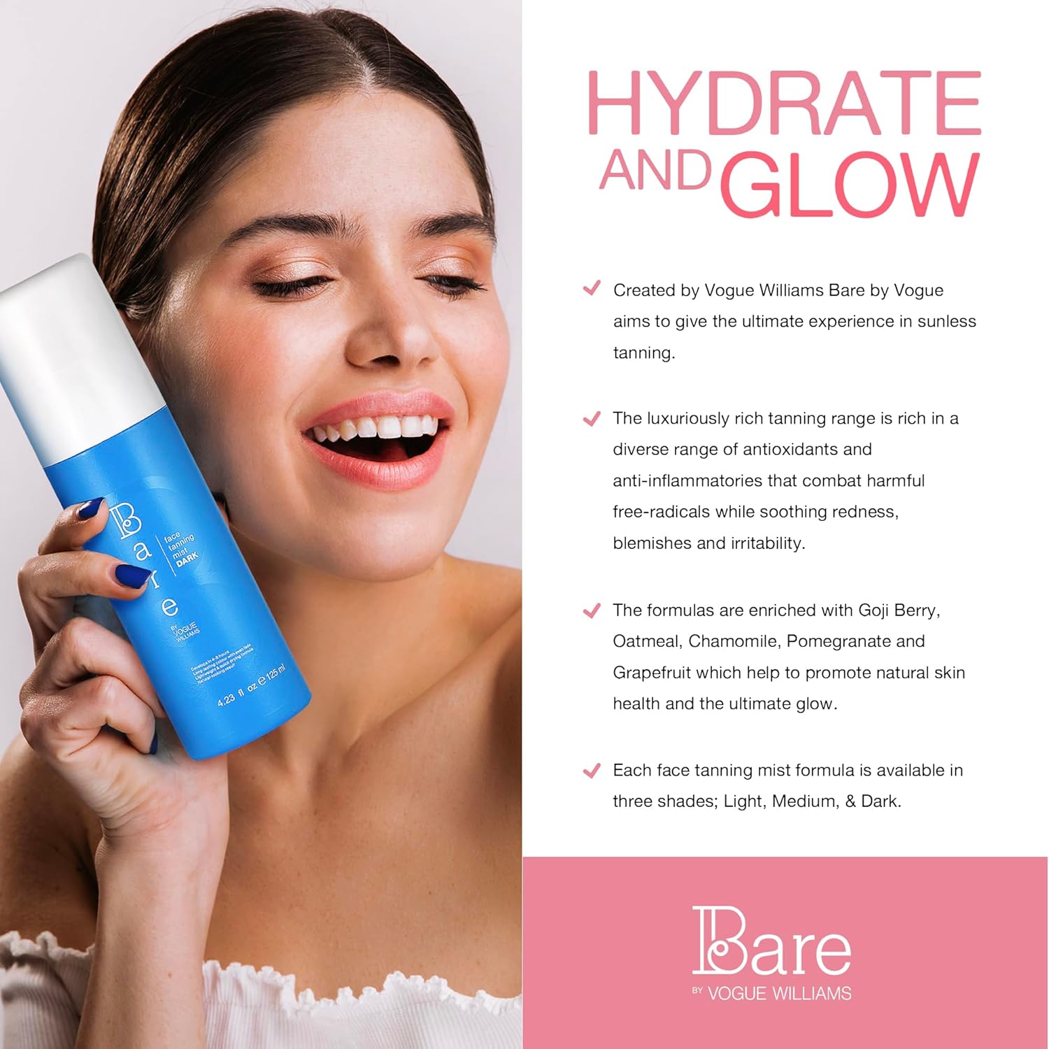 Bare by Vogue Fake Tan - Self Tan Face Mist Spray Solution - Dark for a Natural Glow on Face & Body - Easy Application Mist 125ML : Amazon.co.uk: Beauty