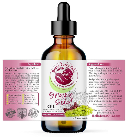 Bella Terra Oils - Organic Grape Seed Oil 4oz - Crafted from Pristine Organic Grapes, Packed with Procyanidins & Vitamin F, Unveiling a Radiant Skin Legacy