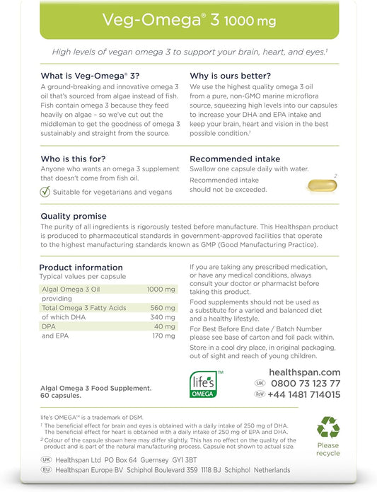 Healthspan Veg-Omega 3 1,000Mg | 60 Capsules | Support Brain, Eye And Heart Health | Vegan Algal Source | No Fish | Omega 3 Fatty Acids Dha & Epa | Non-Gmo | Vegan