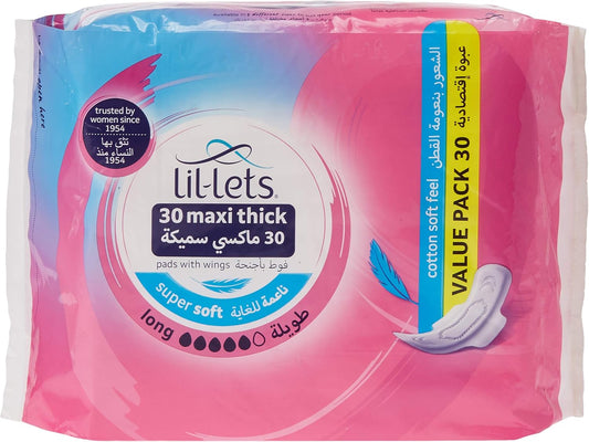 Lil-Lets Maxi Thick Period Pads X 30, Long Absorbency, with Wings, 1 Pack of 30 Maxi Pads, for Medium to Heavy Flow, Unscented, Super Absorbency Sanitary Towel