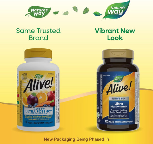 Nature'S Way Alive! Men’S 50+ Daily Ultra Multivitamin, High Potency Formula, Supports Healthy Brain, Eyes & Heart*, With Methlyated B12, Gluten-Free, 150 Tablets (Packaging May Vary)