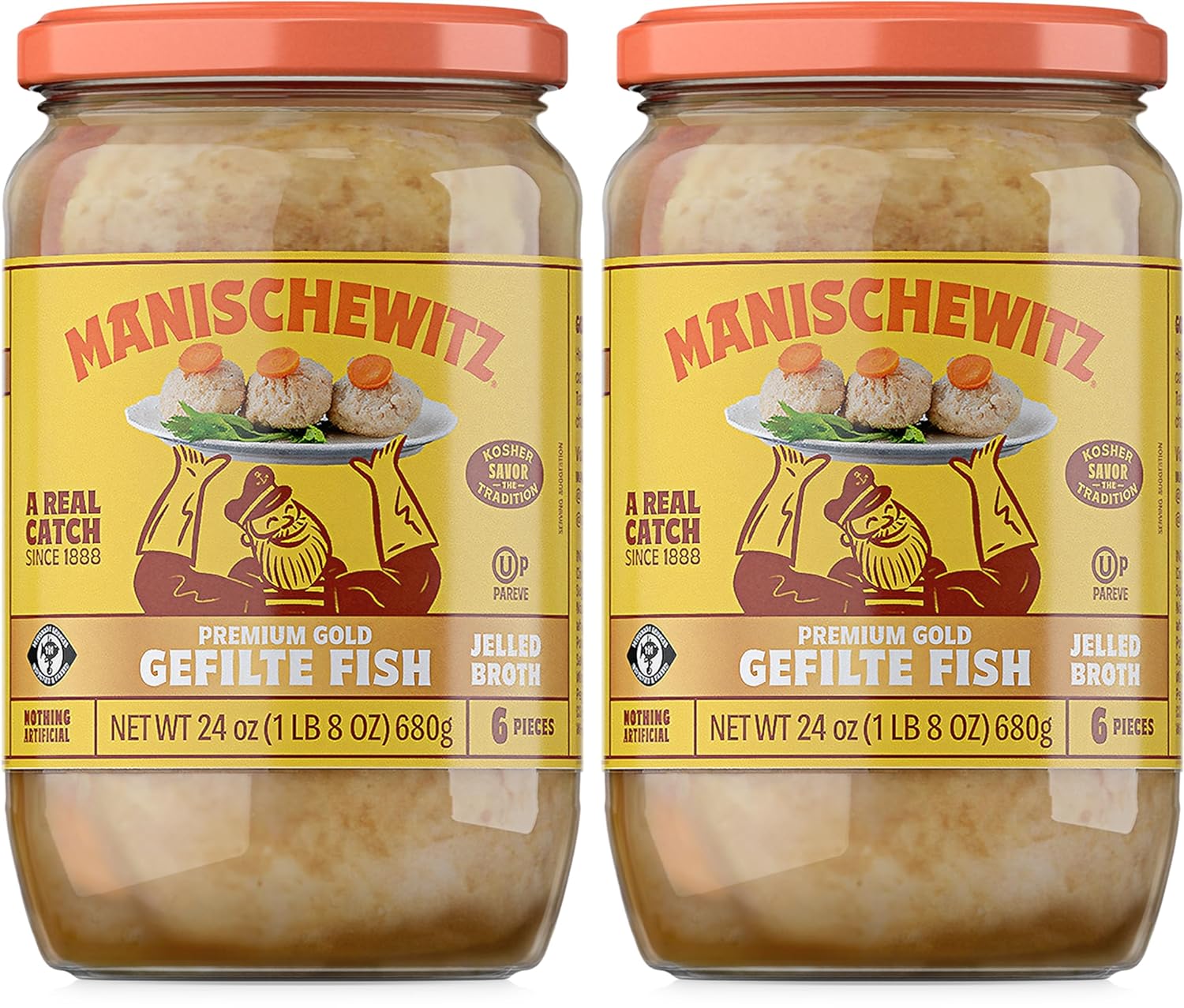 Manischewitz Premium Gold Gefilte Fish with Carrots 24oz (2 Pack), Kosher for Passover