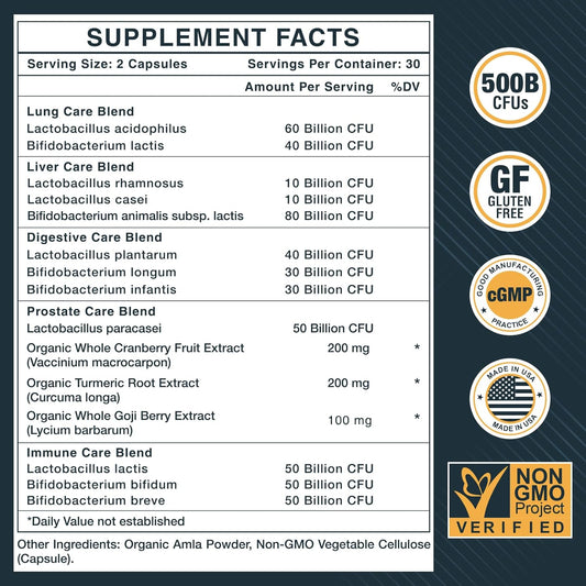 Probiotics For Men, 500 Billion Cfus & 12 Strains, Men'S Probiotic With Turmeric, Cranberry, Goji, Pro Biotics Mens For Overall Digestive, Immune Health, Stomach, Gut & Bloating, 30-Days Supply