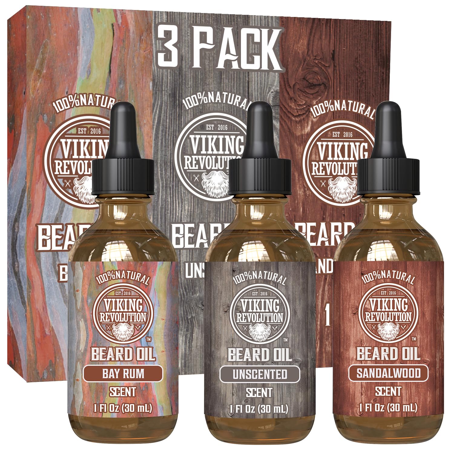 Viking Revolution Beard Oil For Men 3 Pack - Natural Mens Beard Oil Variety Set 2 - Sandalwood, Unscented And Bay Rum Scents - Beard Conditioning And Moisturizing For A Healthy Beard (3 Pack, 1Oz)