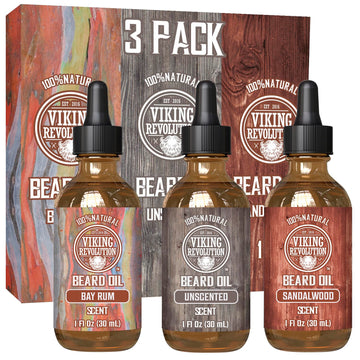 Viking Revolution Beard Oil For Men 3 Pack - Natural Mens Beard Oil Variety Set 2 - Sandalwood, Unscented And Bay Rum Scents - Beard Conditioning And Moisturizing For A Healthy Beard (3 Pack, 1Oz)