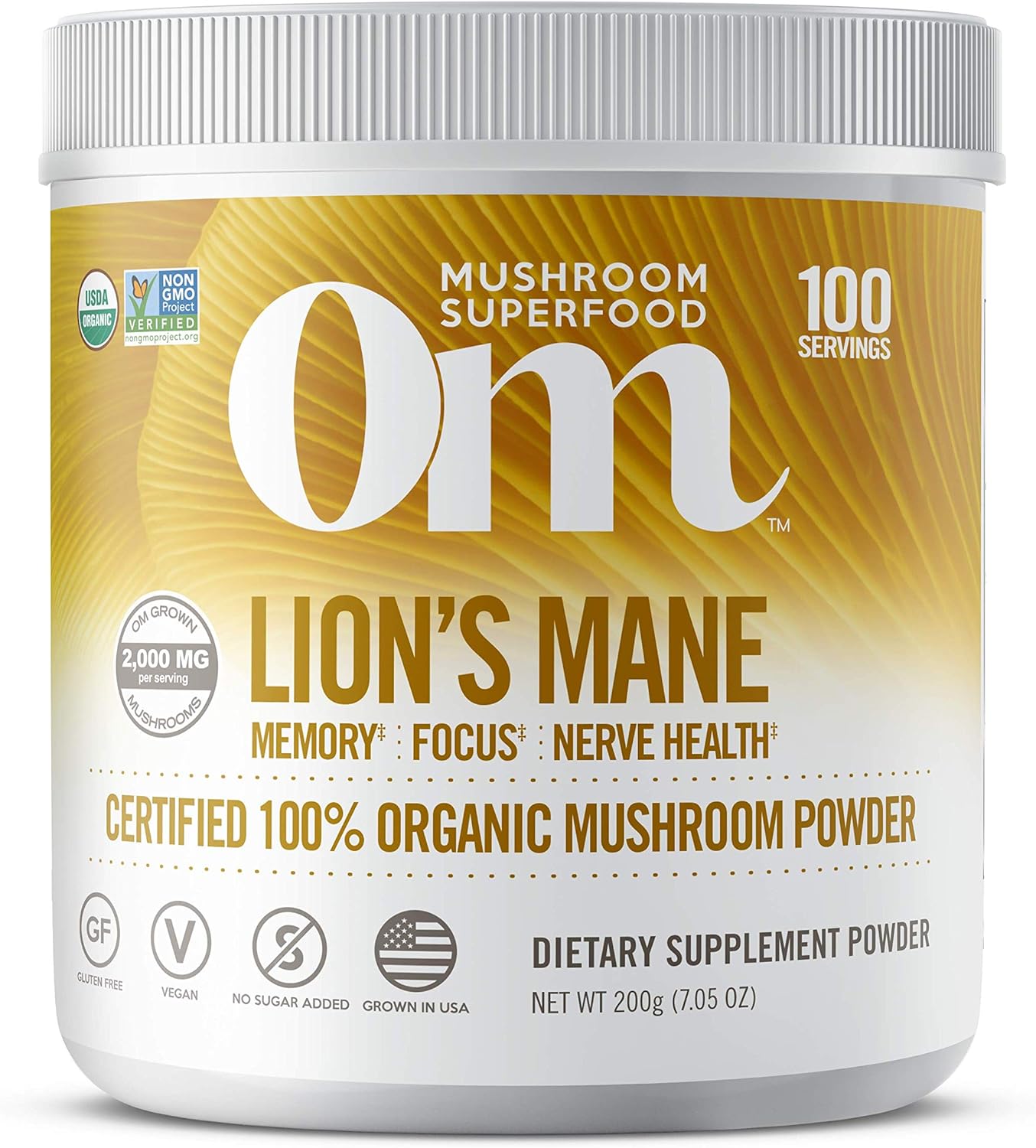 Om Organic Mushroom Nutrition Lion's Mane: Memory, Focus, Nerve Health, 100 servings, 7.14 , 200 Gram