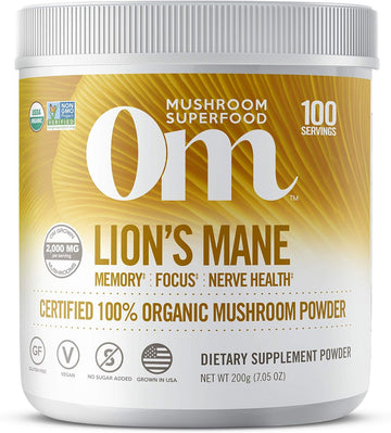 Om Organic Mushroom Nutrition Lion's Mane: Memory, Focus, Nerve Health, 100 servings, 7.14 , 200 Gram