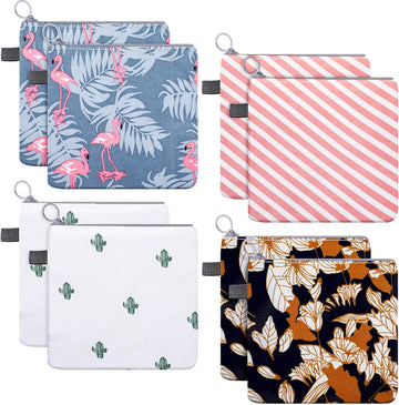 8 Pieces Menstrual Pad Bag Zipper Sanitary Napkin Bag Portable Tampons Collect Bags Menstrual Cup Pouch Nursing Pad Holder with Cactus Flamingo Flower Stripe Patterns for Women and Girls