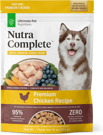 ULTIMATE PET NUTRITION Nutra Complete, 100% Freeze Dried Veterinarian Formulated Raw Dog Food with Antioxidants Prebiotics and Amino Acids, (1 Pound, Chicken)