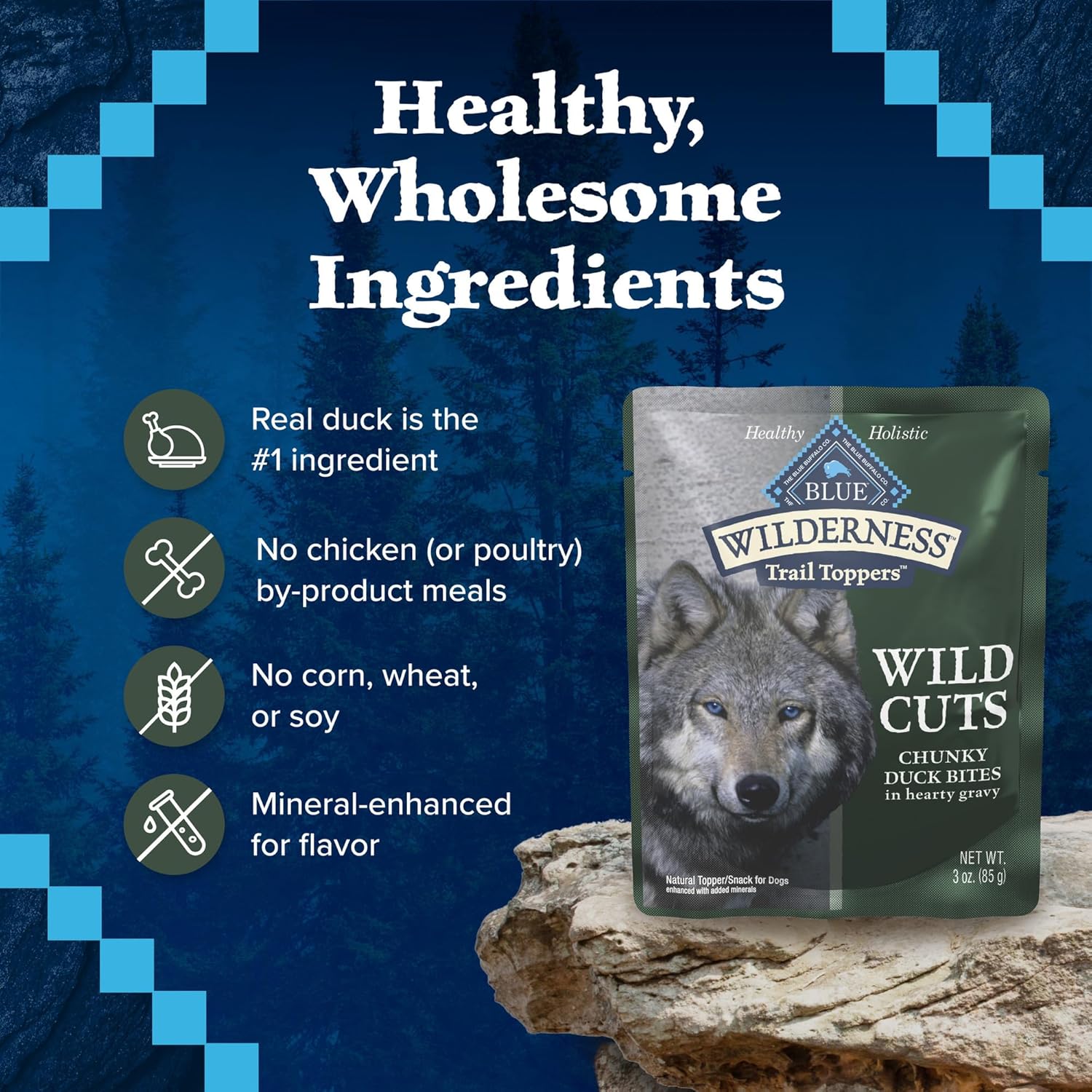Blue Buffalo Wilderness Trail Toppers Wild Cuts Natural High-Protein Dog Wet Food, Duck Bites in Hearty Gravy, 3-oz Pouch, 24 Count : Everything Else