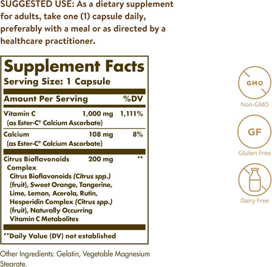 Solgar Ester-C Plus 1000 Mg Vitamin C With Citrus Bioflavonoids - 50 Capsules - Gentle & Non Acidic - 24-Hour Immune Support, Supports Upper Respiratory Health - Non-Gmo, Gluten Free - 50 Servings