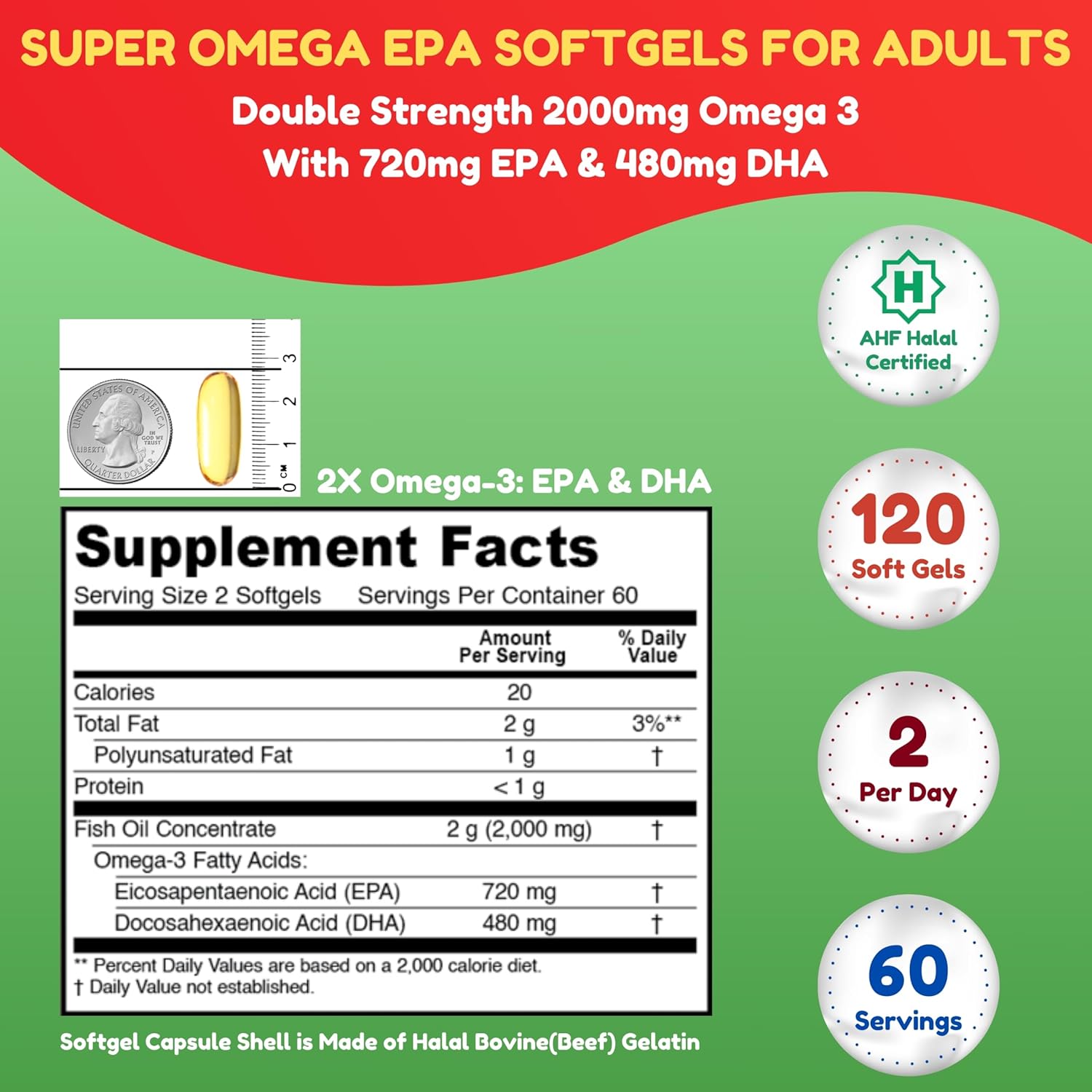 Halal Fish Oil Softgels 120 Ct, Double Strength - Halal Omega 3 Fish Oil Supplements. Wild Caught, Non-Gmo & Purified
