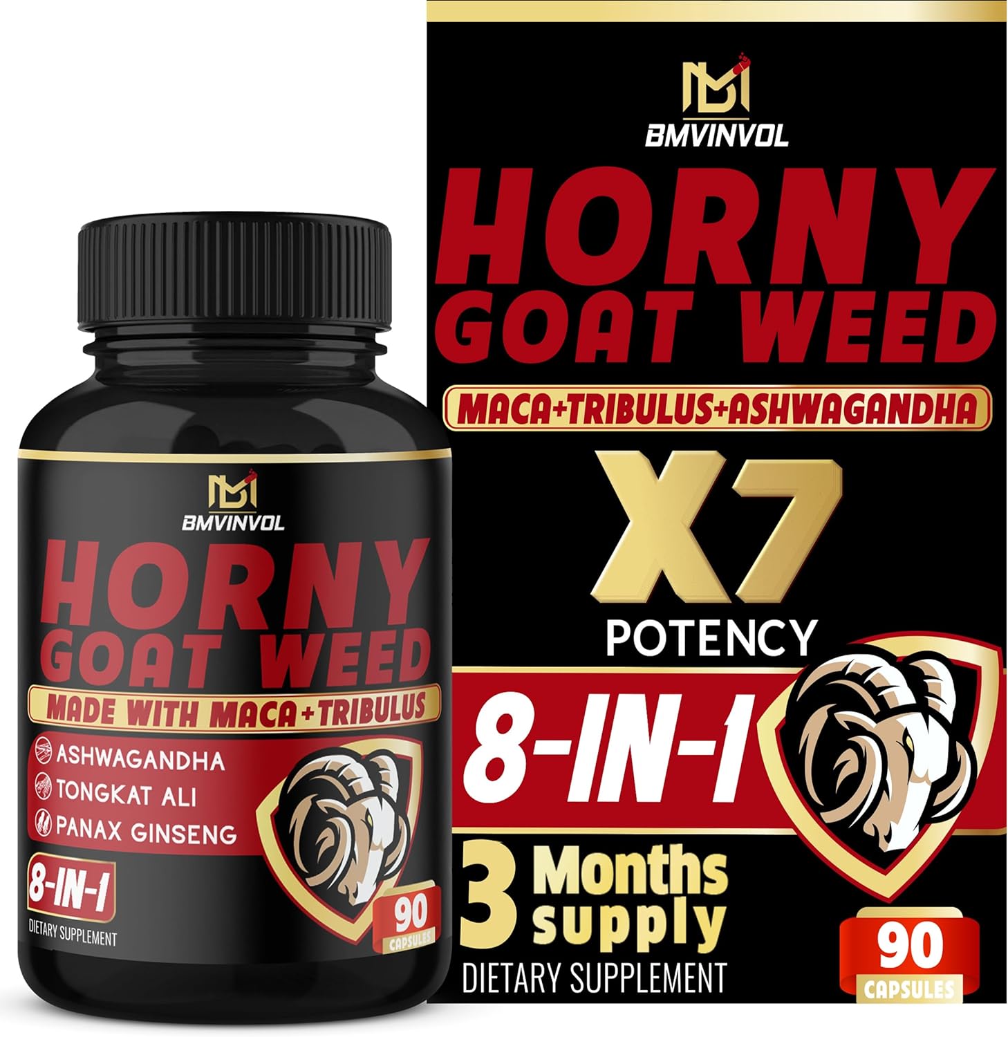 BMVINVOL Horny Goat Weed Capsules - Maca, Ginseng, Tribulus Terrestris, Ashwagandha - Performance and Energy Support - 90 Capsules for 3 Months Supply