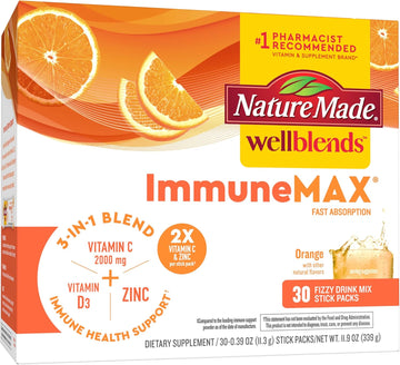 Nature Made Wellends Immunemax Fizzy Drink Mix, Vitamin C 2000Mg With Zinc 20 Mg, Vitamin D3 1000 Iu (25 Mcg), Plus Seven B Vitamins And Electrolyte Hydration Blend, 30 Stick Packs