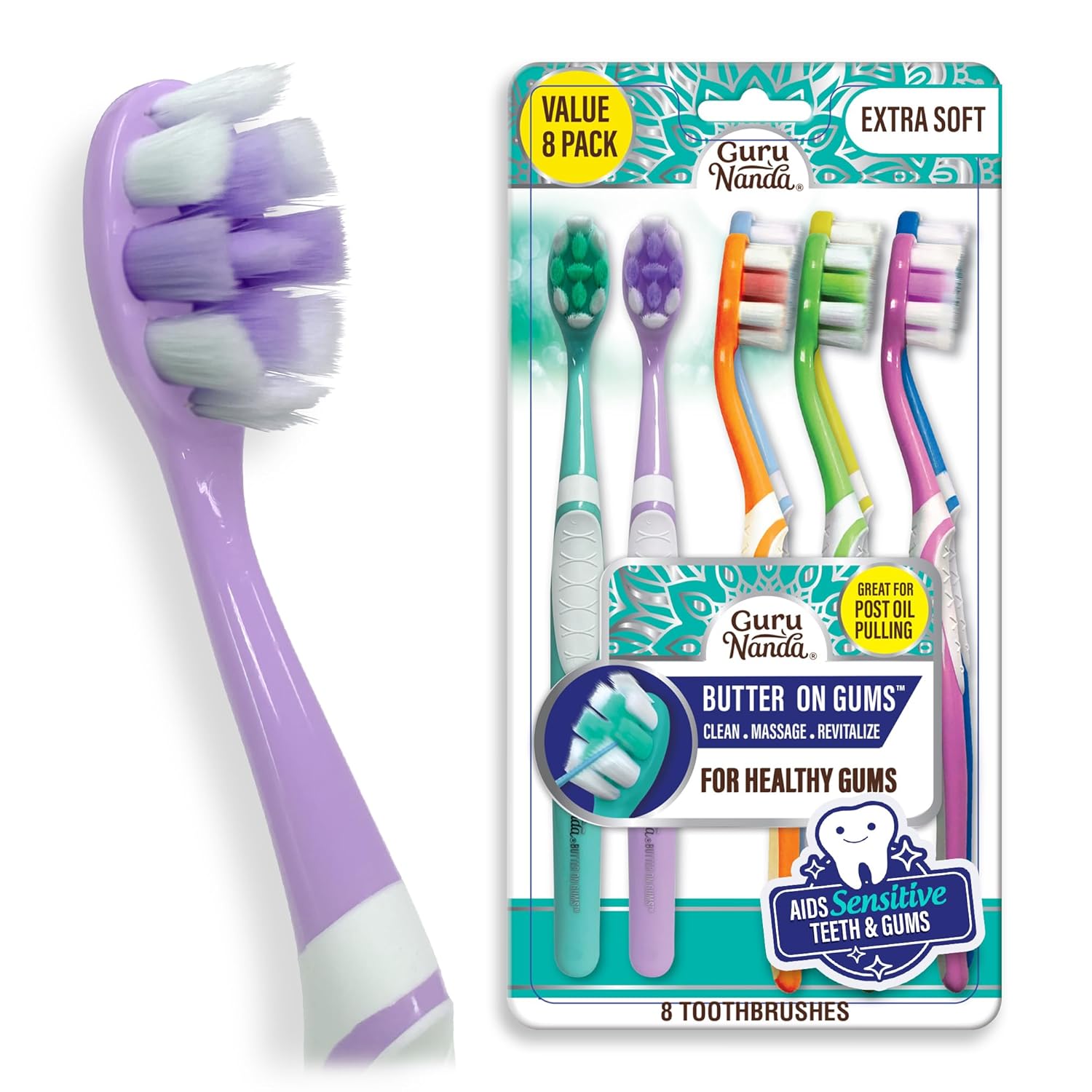 Gurunanda Butter On Gums Toothbrush With Extra Soft Bristles For Sensitive Gums, Soft Toothbrush For Kids & Adults, 8 Ct