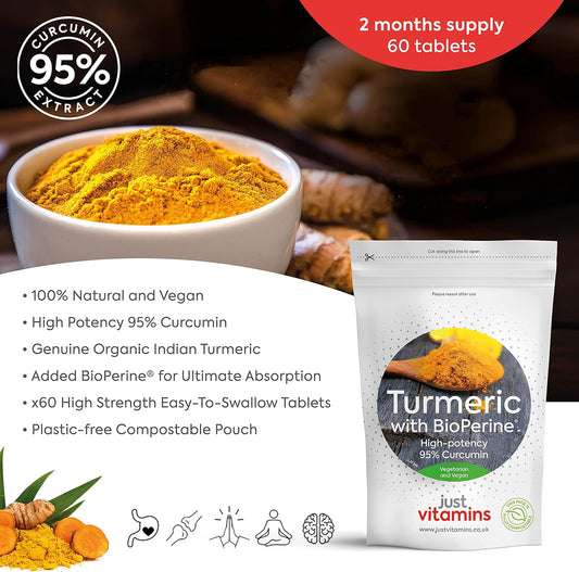 High Strength Turmeric Curcumin 95% + Black Pepper Bioperine® 10,000mg Tablets x60, 2 Month Supply, Advanced Turmeric Supplement with Patented Black Pepper Extract for Max Absorption - UK Made