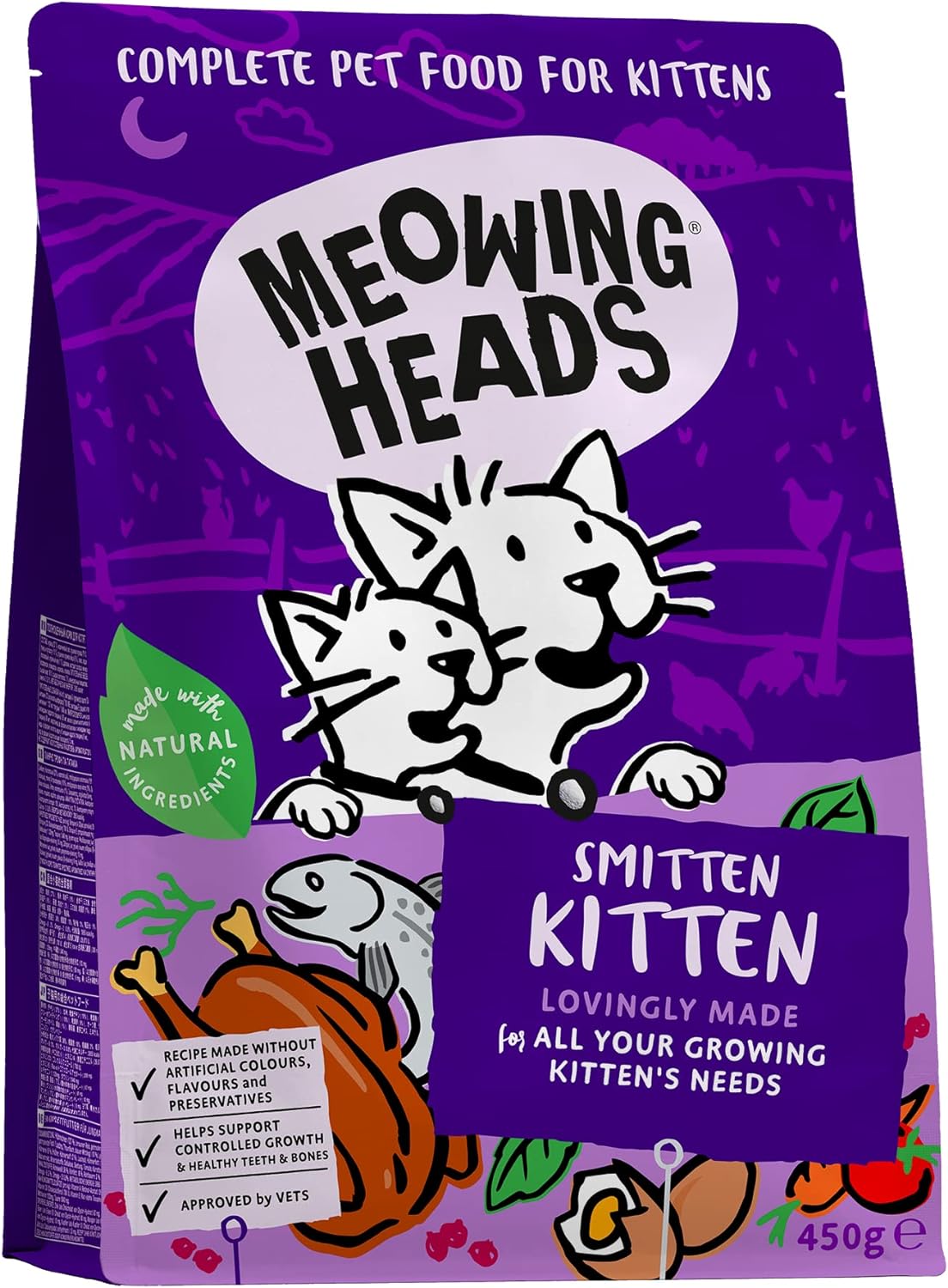 Meowing Heads Dry Cat Food for Kittens - Smitten Kitten - 100% Natural Fish & Chicken with No Artificial Flavours - Good for Healthy Brain Development - 450 g?MKN450