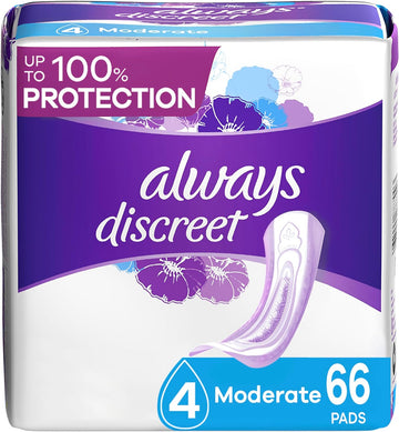 Always Discreet Adult Incontinence Pads for Women, Moderate Absorbency, Regular Length, Postpartum Pads, 66 CT