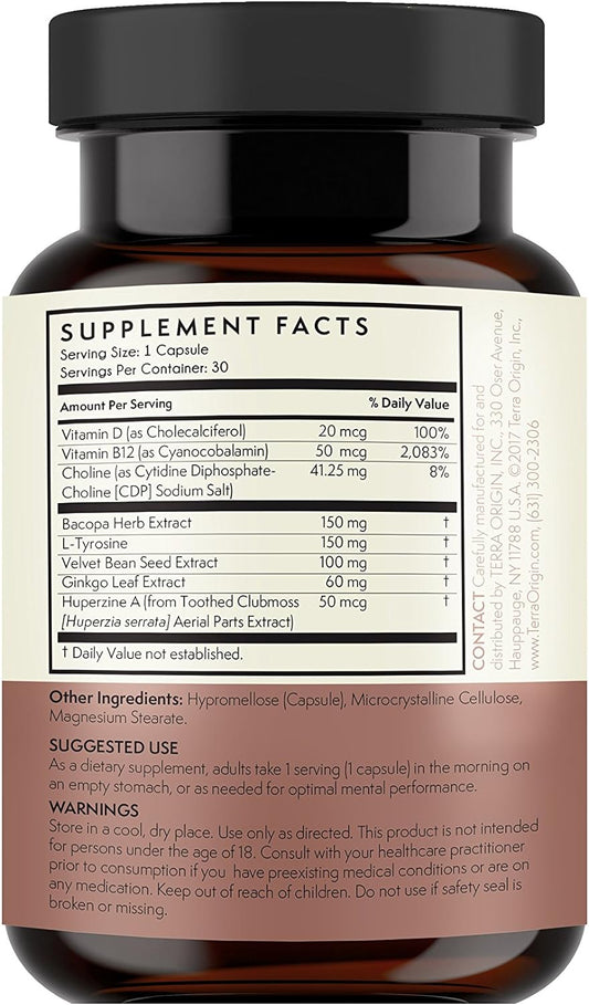 Terra Origin, Healthy Brain Supplement, Capsules, 30 Servings, with CDP Choline, Ginkgo Biloba Extract, and Bacopa - for Healthy Mind, Improves Memory, Recall and Function
