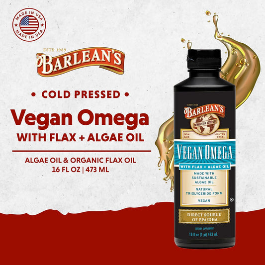 Barlean'S Vegan Omega Liquid Flax And Algae Oil Plant Based Epa Dha Supplement From Algal Oil And Organic Flaxseed, Omegas 3 6 And 9 Fatty Acid Supplements, 16 Ounces