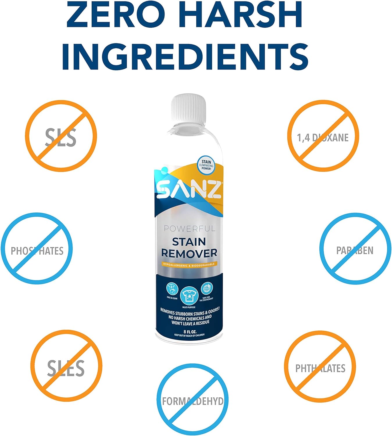 SANZ Stain Remover – For Stubborn Stains & Odors, No Residue, Hypoallergenic, Biodegradable, Zero Harsh Ingredients, 8 oz : Health & Household