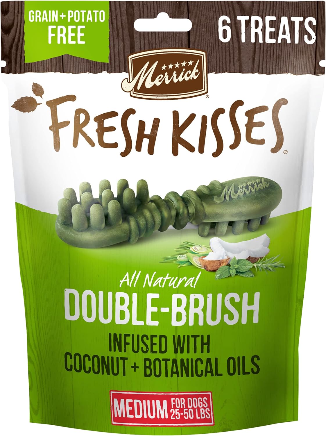 Merrick Fresh Kisses Natural Dental Chews Infused With Coconut And Botanical Oils For Medium Dogs 25-50 Lbs - 6 ct. Bag