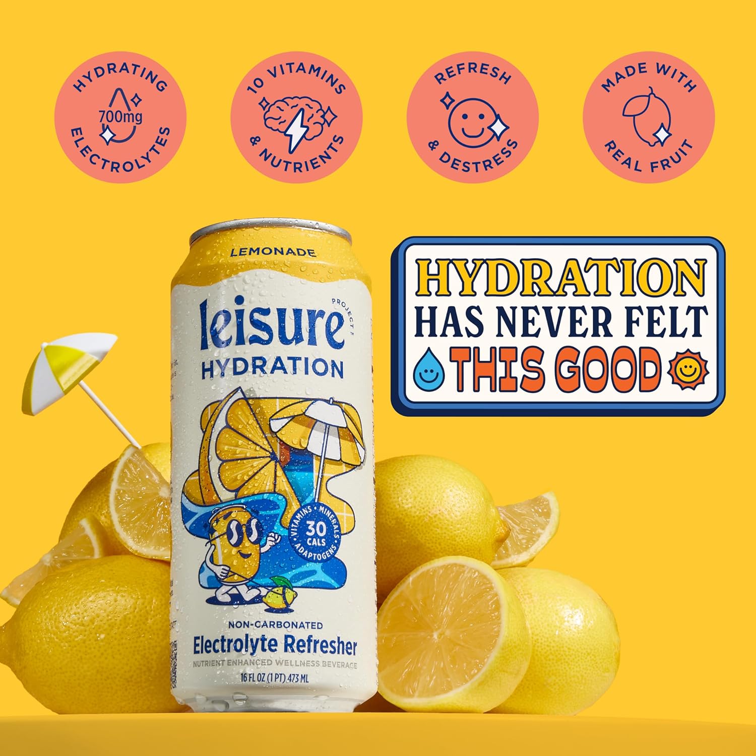 Leisure Drinks - Lemonade Electrolyte Drink [Electrolyte Refresher - 16Oz Cans, 12Pk] - Low Sugar Lemonade Hydration Drink - Healthy Hydration Packed W/ Magnesium & Ashwagandha For Mood & Stress Support