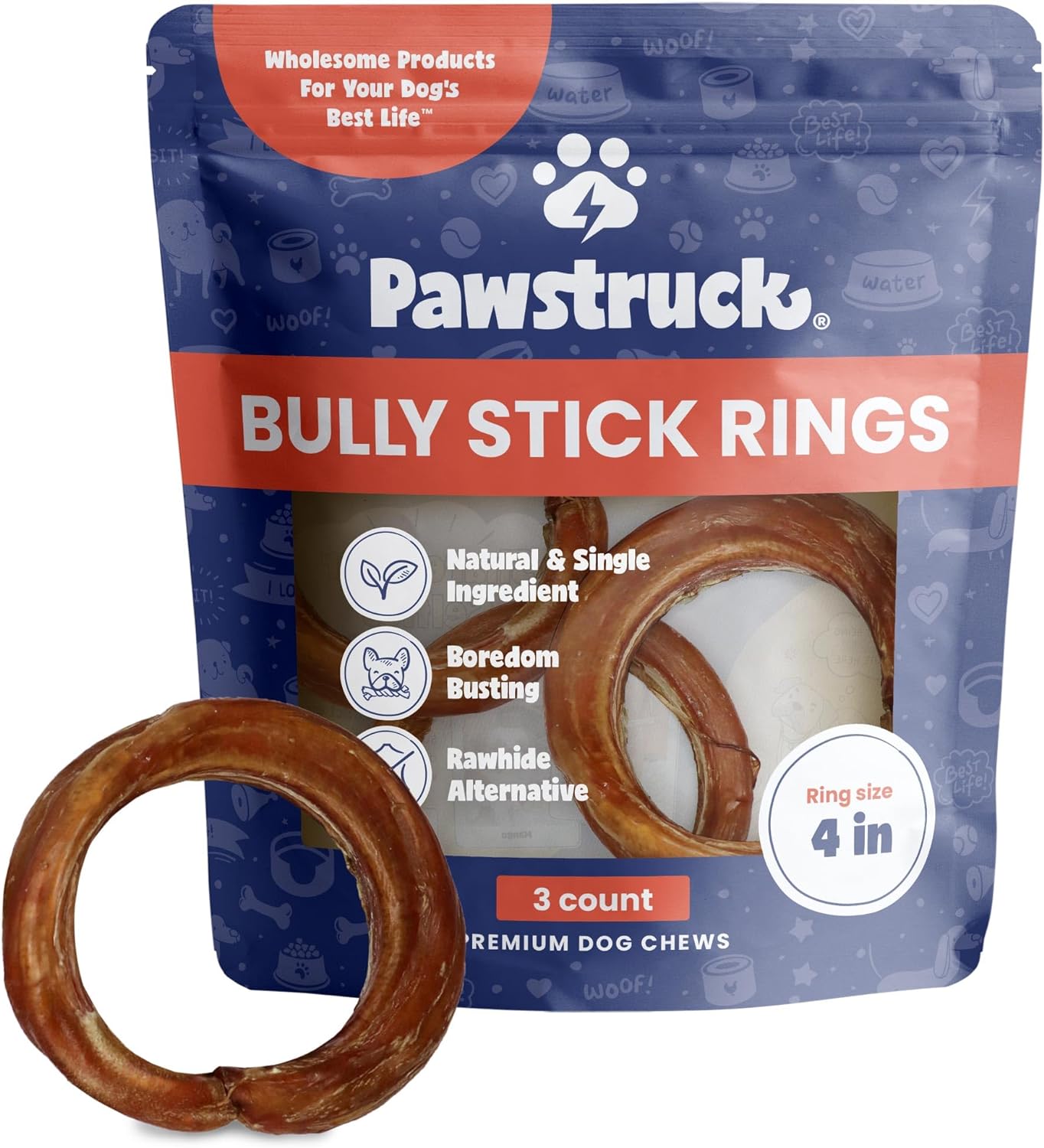 Pawstruck All-Natural 4" Bully Stick Rings for Dogs - Rawhide Free 100% Beef Single Ingredient Dental Chew Treat Bones - Fully Digestible Low Odor - 3 Pack - Packaging May Vary