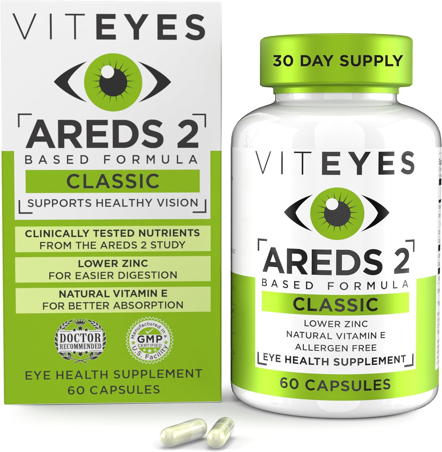 Viteyes AREDS 2 Eye Vitamins, Classic Macular Support, Allergen Free Capsules, with Natural Vitamin E, Vitamin C, Zinc, Copper, Lutein & Zeaxanthin, Eye Doctor Trusted, Manufactured in The USA