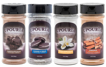 Sunny Sky Upouria Coffee Topping Variety Pack - Chocolate, Cookies N Cream, French Vanilla and Cinnamon with Brown Sugar - 5.5 Ounce Shakeable Topping Jars - (Pack of 4)