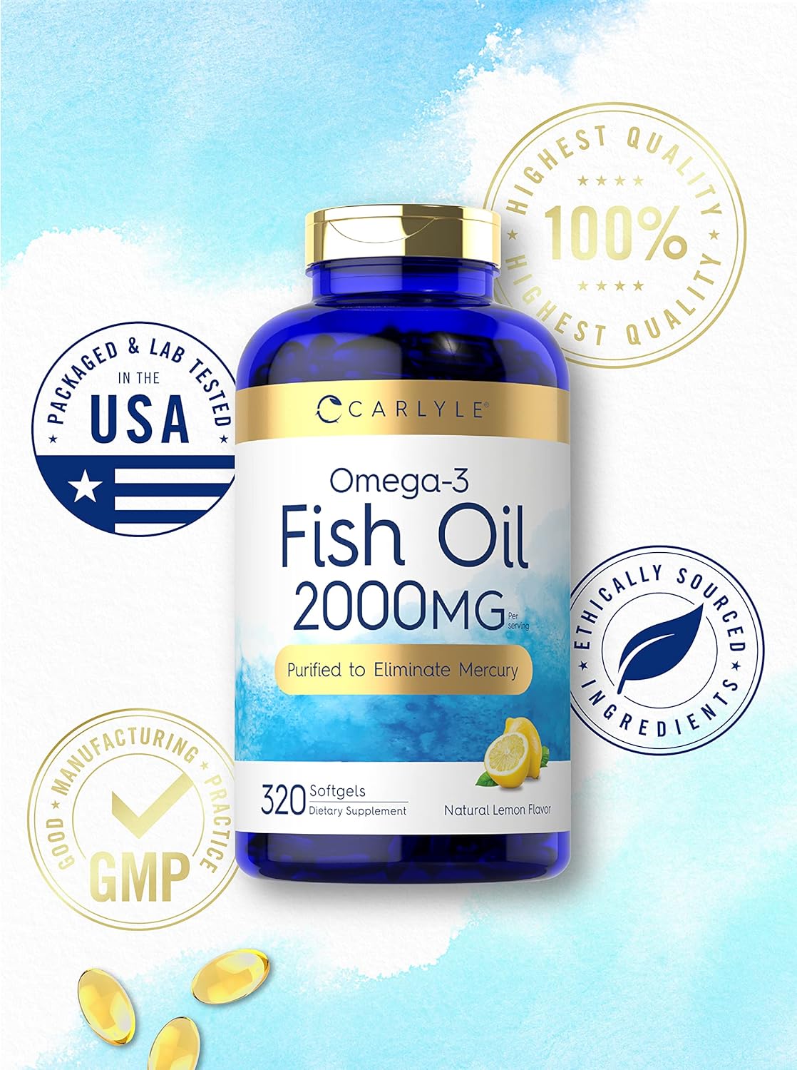 Carlyle Fish Oil Supplements | 2000mg | 320 Softgels | EPA & DHA | 600mg Total Omega-3 | Non-GMO, Gluten Free Pills : Health & Household