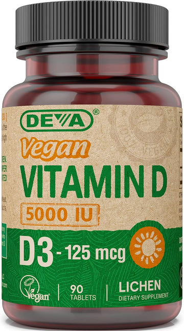 DEVA Vitamin D3 5000 IU, Sunshine Supplement, 125 mcg of Vegan D3, 90-Count Bottle