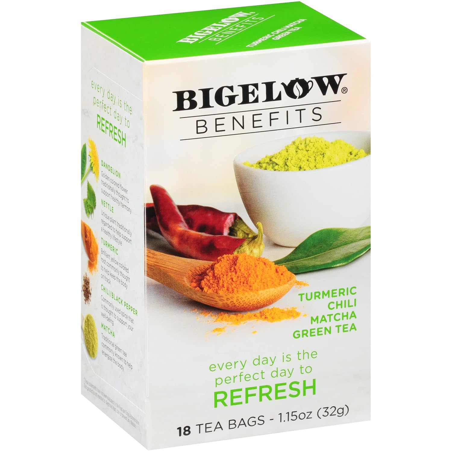 Bigelow Benefits Refresh Turmeric Chili Matcha Green Tea, Caffeinated, 18 Count (Pack Of 6), 108 Total Tea Bags