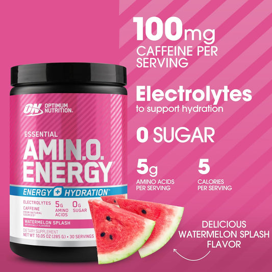 Optimum Nutrition Amino Energy Powder Plus Hydration, With Bcaa, Electrolytes, And Caffeine, Watermelon Splash, 30 Servings (Packaging May Vary)