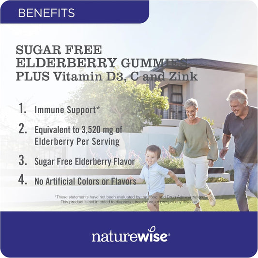 Naturewise Sambucus Elderberry Gummies - Sugar-Free - Daily Immune Support Supplement For Kids And Adults*, With Vitamin C, D3, Zinc - Vegan, Gluten Free, Non-Gmo - 90 Count[45-Day Supply]