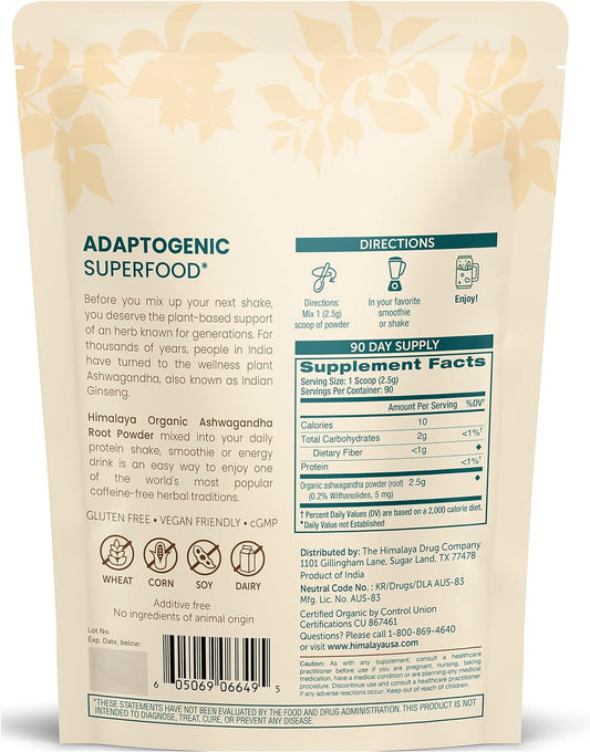 Himalaya Organic Ashwagandha Powder, Adaptogenic Superfood for Protein Shakes & Smoothies, 7.9 oz, 3 Month Supply