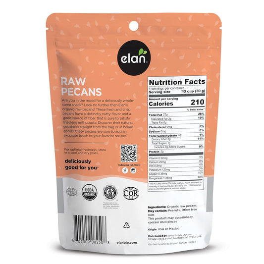 Elan Organic Raw Pecans, 4.4 oz, Unsalted, Unroasted, Shelled Raw Nuts, Non-GMO, Vegan, Gluten-Free, Kosher, Healthy Snacks