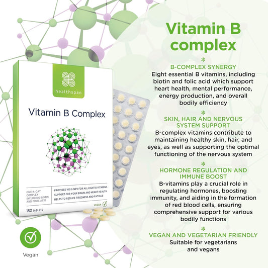 Healthspan Vitamin B Complex (6 Months' Supply) | High Levels Of 8 B-Complex Vitamins | Heart Health, Mental Performance & Psychological Function | Combat Tiredness & Fatigue | Gelatin Free | Vegan