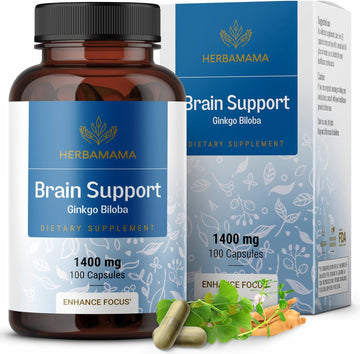 Herbamama Brain Health Capsules - 1400 Mg Brain Health Supplements For Adults - Promote Brain Support And Focus - Vegan, Non-Gmo - 100 Caps