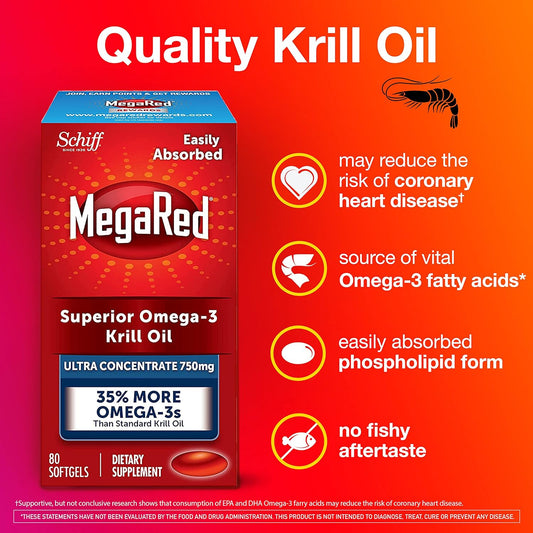 Megared Ultra Strength Krill Oil Omega 3 Supplement, 750mg – EPA & DHA Antioxidant Astaxanthin for Heart Health, 80 Softgels, No Fish Aftertaste