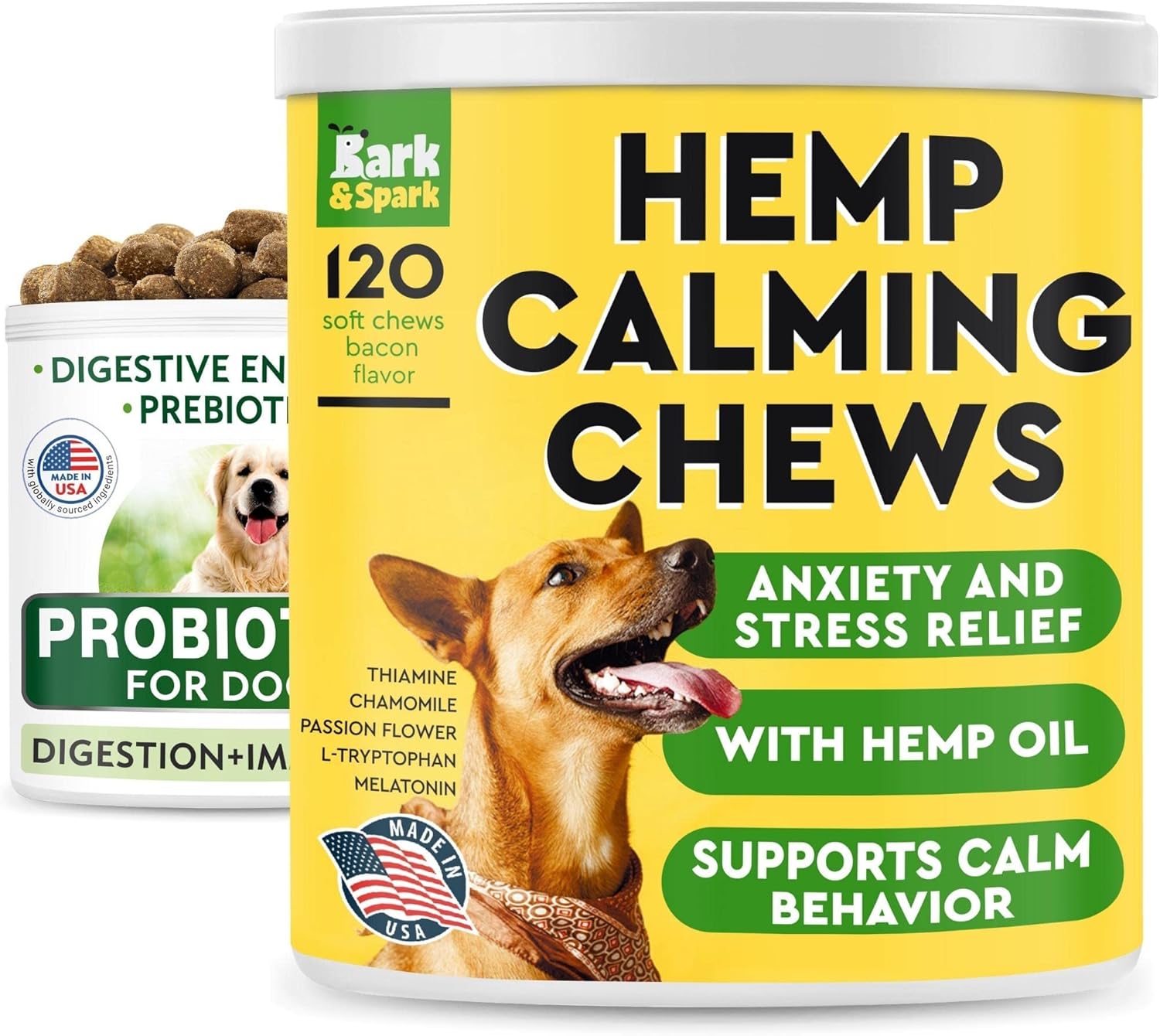 Calming Hemp + Dog Probiotics Bundle - Hemp Oil + Digestive Enzymes + Prebiotics - Anxiety Relief + Gas, Diarrhea, Allergy, Constipation, Upset Stomach Relief - Digestion + Immunity - 300 Soft Chews