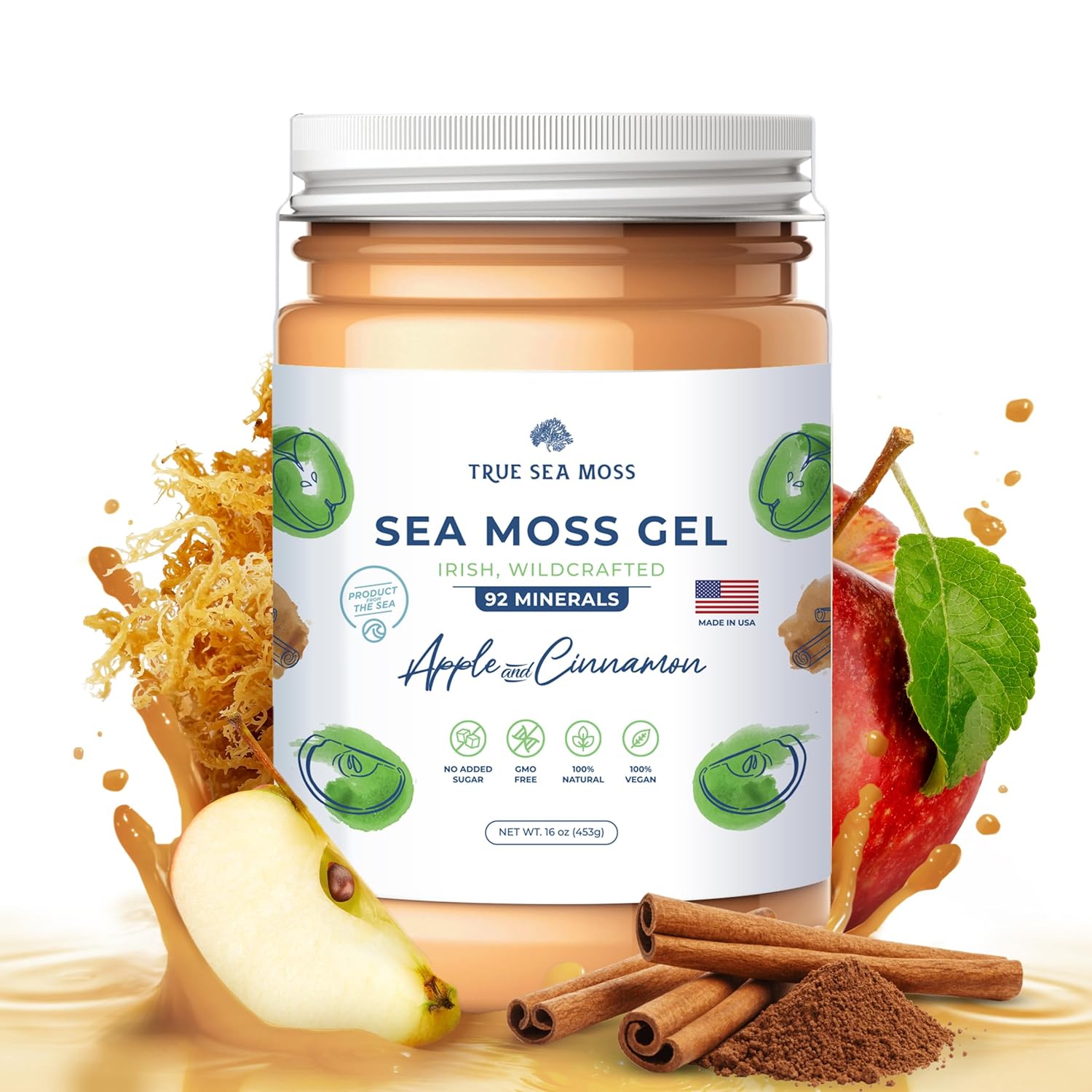 TrueSeaMoss Wildcrafted Irish Sea Moss Gel - Made with Dried Seaweed - Seamoss, Vegan-Friendly, Antioxidant Supports Thyroid & Digestion - Made in USA (Apple/Cinnamon, Pack of 1)