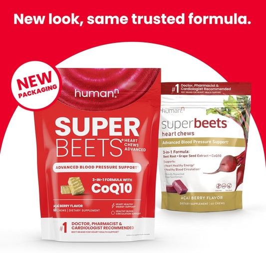 Humann Superbeets Heart Chews Advanced - 100Mg Of Coq10 Plus Beetroot & Grape Seed Extract, 60 Count