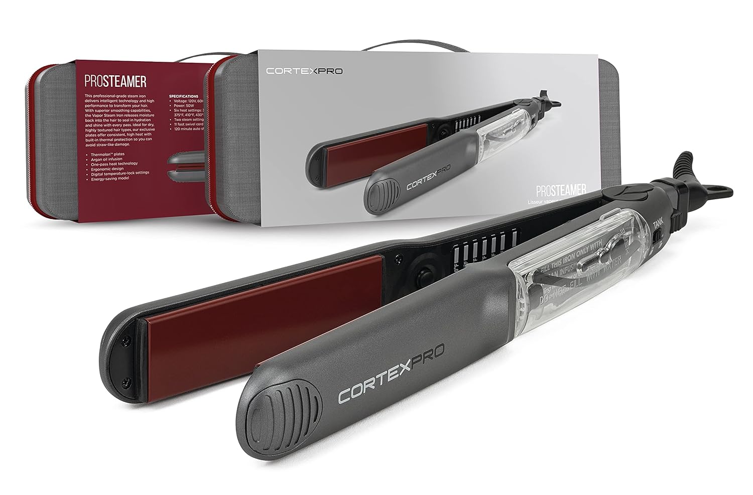 Vapor Flat Iron - Vapor Mist Thermolon Ceramic Plates - Argan Infusion Steamliner - Professional Hair Straightener - With Argan Refill Bundle - 1.25’’ (Black)